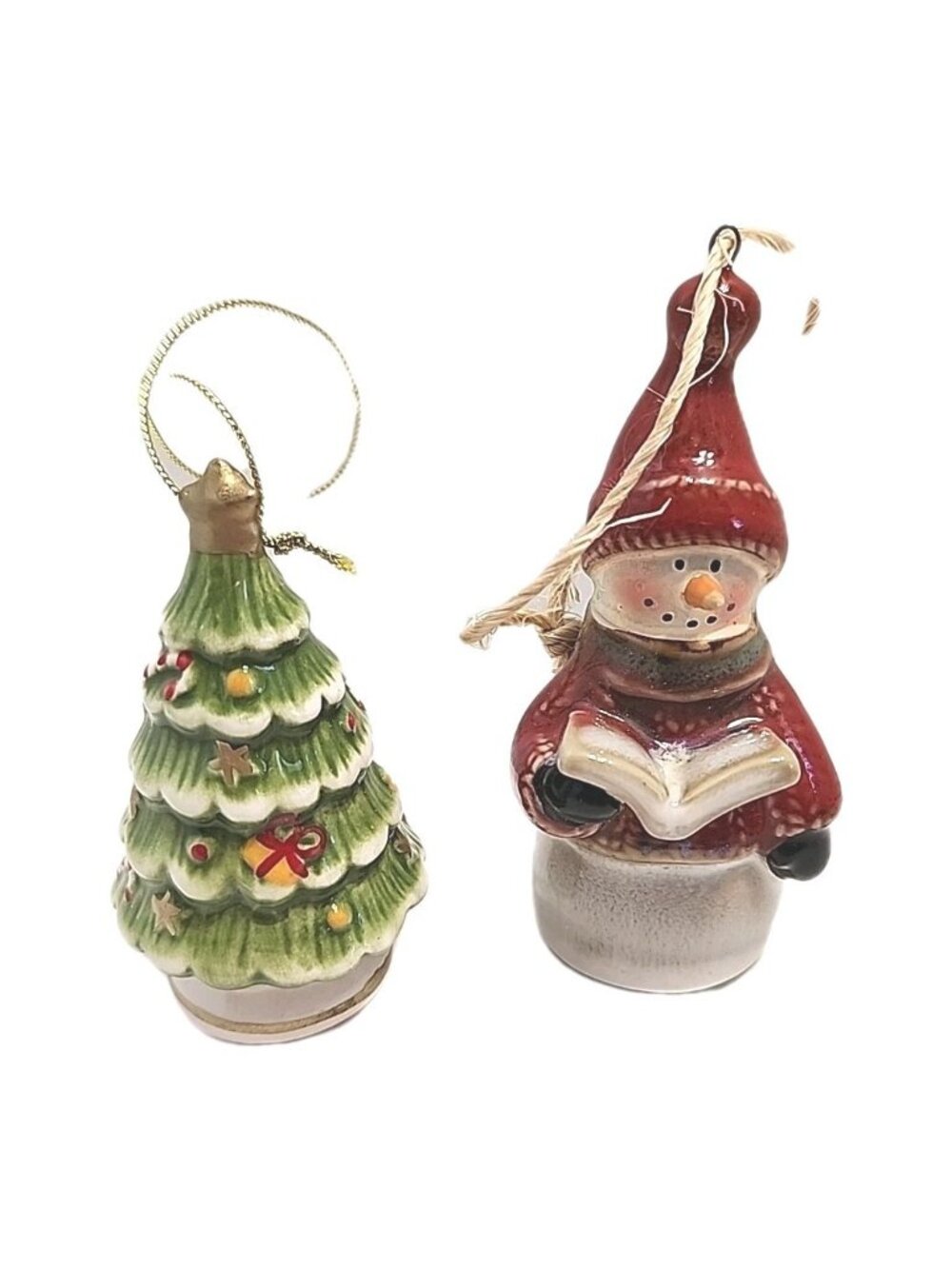 Ceramic Snowman With Book And Christmas Tree Ornaments Set Of 2 Holiday-themed